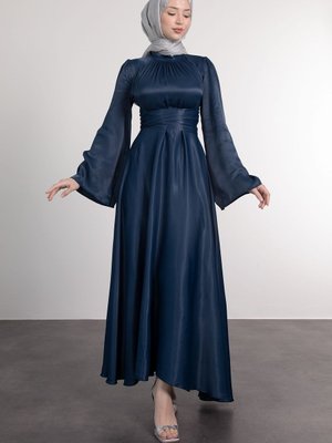 İspanyol Kol Beli Dolamalı Saten Abiye Elbise