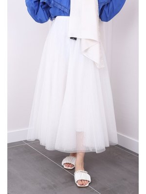 Beyaz Uzun Kloş Tül Etek
