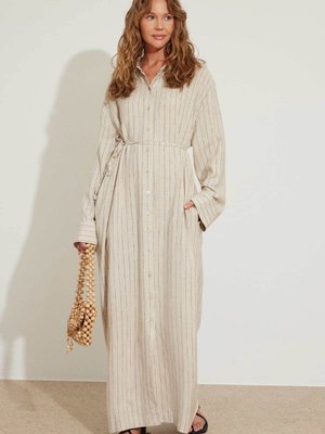 Robi Çizgili Naturel Keten Elbise