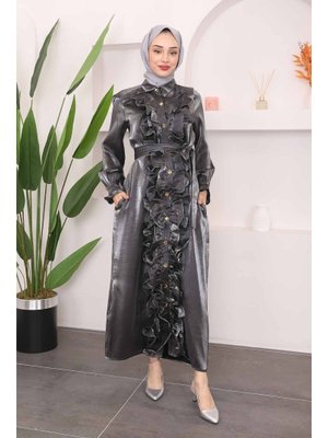 Füme Kol Yaka Fırfırlı Parlak Elbise Füme Kol Yaka Fırfırlı Parlak Elbise