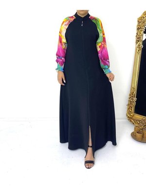 Kollar Çiçek Baskılı Kaliteli Krep Günlük Giy Çık Fermuarlı Ferace