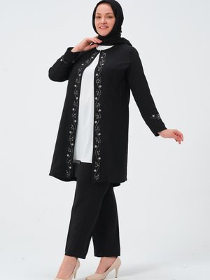 Afet Kadın Büyük Beden Petek Kumaş Anne Lü Abiye Tunik Ceket Pantolon Takım