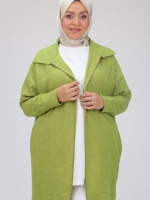 Yağ Yeşili Büyük Beden Keten Airobin Erkek Yaka Fermuarlı Kap