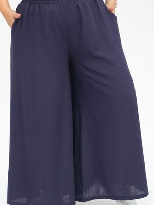 Lacivert Büyük Beden Beli Lastikli Keten Etek Pantolon