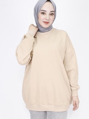 Bej İp Kumaş Tüy Ve İnci Detaylı Oversize Sweatshirt Bej İp Kumaş Tüy Ve İnci Detaylı Oversize Sweatshirt