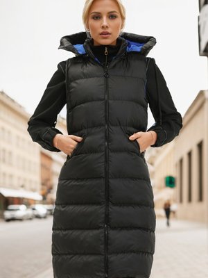 Siyah Saks Fermuarlı Uzun Şişme Yelek