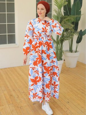 Kıremıt Çiçek Desenli Keten Elbise Kıremıt Çiçek Desenli Keten Elbise