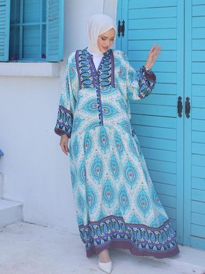 Mavi Desenli Viscon Elbise Mavi Desenli Viscon Elbise