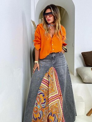 Gri Tasarım Şal Desen Çift Yırtmaçlı Maksi Uzun Kot Etek