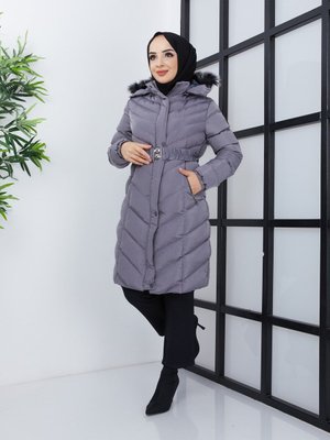 Gri Şişme Kürk Detaylı Uzun Mont/ Dar Kesim