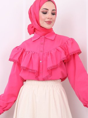 Fuşya Ön Katlı Güpürlü Gömlek