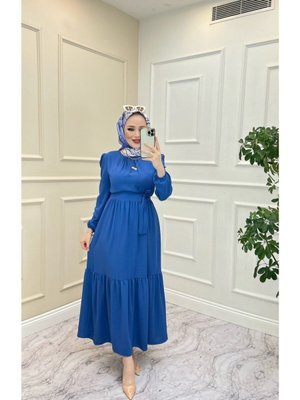 Mavi Yakası Büzgü Detaylı Ayrobin Elbise