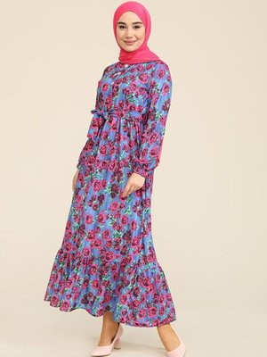 Saks Çiçek Desenli Büzgülü Elbise Saks Çiçek Desenli Büzgülü Elbise