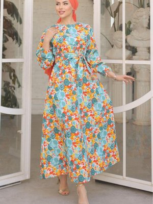 Yeşil Güllü Desenli Keten Elbise Yeşil Güllü Desenli Keten Elbise