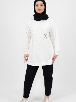 Ekru Taş Desenli İplik Sweatshirt