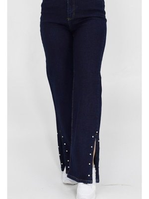 Jeans Yırtmacı Taş Deatylı Geniş Paça Kot Pantolon Jeans Yırtmacı Taş Deatylı Geniş Paça Kot Pantolon