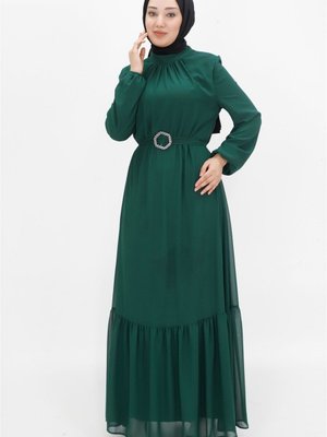 Zümrüt Yeşili Şifon Kumaş Balon Kol Abiye Elbise Zümrüt Yeşili Şifon Kumaş Balon Kol Abiye Elbise