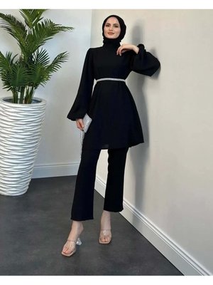 Takım Tunik Pantolon Balon Kol Beli İnci Kemerli Siyah