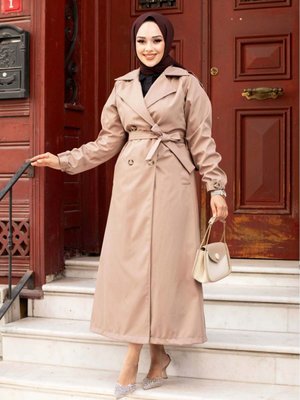 Kolu Kemer Detaylı Önü Düğmeli Kuşaklı Uzun Trençkot