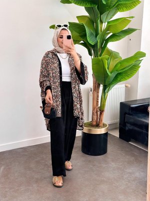 Çiçekli Viskon Pamuk Kimona Takım Siyah Çiçekli Viskon Pamuk Kimona Takım Siyah
