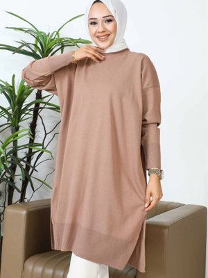 Vizon Bisiklet Yaka Eteği Yırtmaçlı Şık Merserize Salaş Triko Tunik Vizon Bisiklet Yaka Eteği Yırtmaçlı Şık Merserize Salaş Triko Tunik