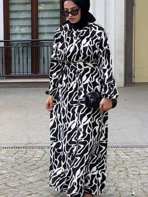 Siyah Ekru Mavi Desenli Oversize Kemerl Yazlık Viskon Elbise