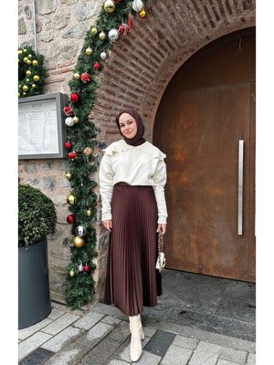 Acı Kahve Piliseli Deri Görünümlü Uzun Etek Acı Kahve Piliseli Deri Görünümlü Uzun Etek