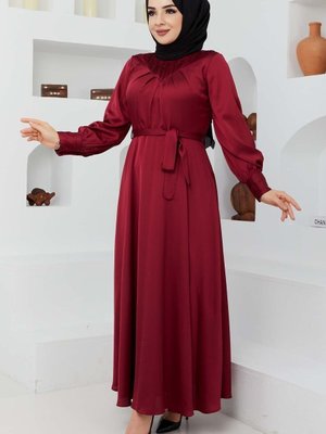 Bordo Saten Abiye Elbise