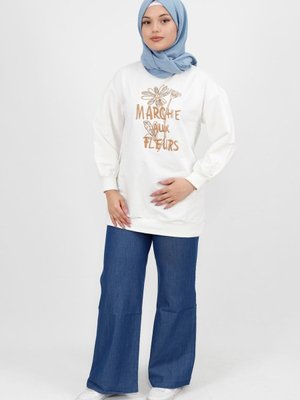 Beyaz İnci Ve Nakış Detaylı İplik Kumaş Sweatshirt