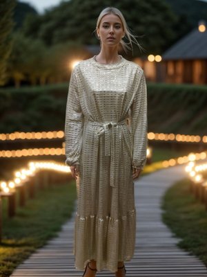 Krem Pul Payetli Abiye Elbise Krem Pul Payetli Abiye Elbise