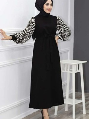 Siyah Zebra Desenli Uzun Boy Elbise