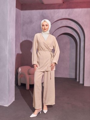 Bej Çapraz Baglamalı Keten Kimono Takım Bej Çapraz Baglamalı Keten Kimono Takım