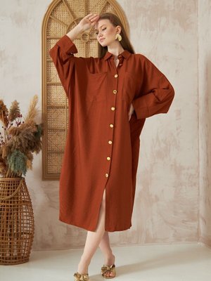 Kiremit Kahve Yarasa Kol E Uygun Gömlek Elbise Keten Karışımlı Tunik Kiremit Kahve Yarasa Kol E Uygun Gömlek Elbise Keten Karışımlı Tunik