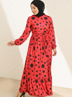 Kırmızı Puantiyeli Kuşaklı Elbise Kırmızı Puantiyeli Kuşaklı Elbise