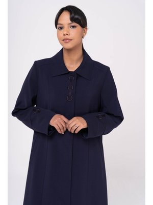 Lacivert Gömlek Yaka İşleme Detaylı Astarlı Büyük Beden Pardesü