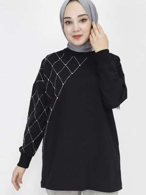 Siyah Ekose Taş Baskılı İp Kumaş Sweatshirt