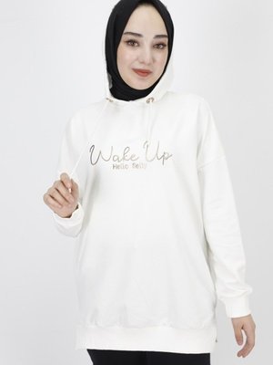 Ekru İp Kumaş Yazı Baskılı Kapüşonlu Sweatshirt Ekru İp Kumaş Yazı Baskılı Kapüşonlu Sweatshirt