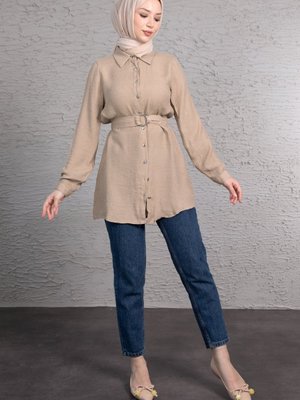 Platin Metal Kuşak Detaylı Tunik Vizon Platin Metal Kuşak Detaylı Tunik Vizon