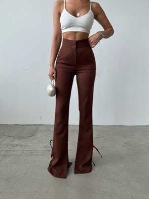 Kahverengi Atlas Kumaş İspanyol Paça Kurdele Detaylı Pantolon
