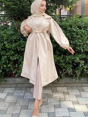 Belden Bağlamalı Krem Balon Kol Trenç