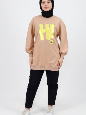 Bej Taş Ve Yazı Detaylı İplik Kumaş Sweatshirt Bej Taş Ve Yazı Detaylı İplik Kumaş Sweatshirt