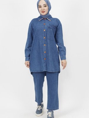 Jeans Yaka Ucu Boncuk Detaylı Kot Takım Jeans Yaka Ucu Boncuk Detaylı Kot Takım