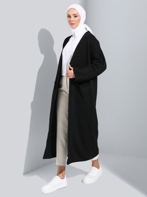 Cep Detaylı Oversize Triko Hırka Siyah