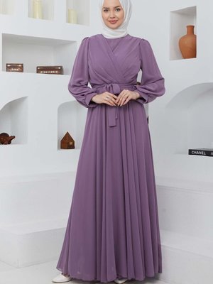 Lila Kiraz Şifon Abiye Elbise