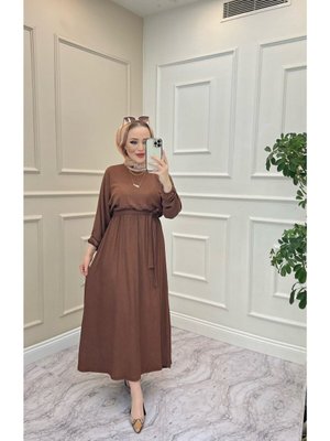 Kahverengi Yarasa Kol Bel Lastikli Elbise