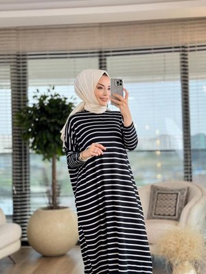 Penye Enine Kalın Çizgili Elbise