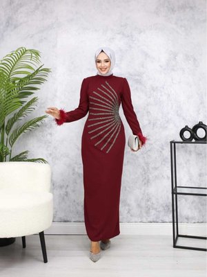Bordo Güneş Abiye Elbise
