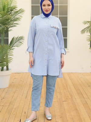 Çizgili Cepli Taş Detaylı Tunik Mavi Yeni Sezon