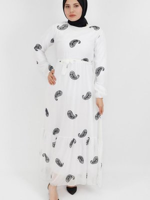 Ekru Nakış Detaylı Şifon Kumaş Elbise Ekru Nakış Detaylı Şifon Kumaş Elbise