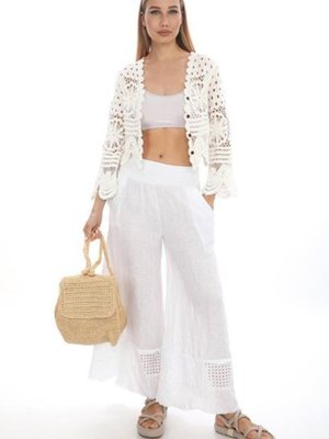 Beyaz İtalyan Fisto Detaylı Keten Pantolon